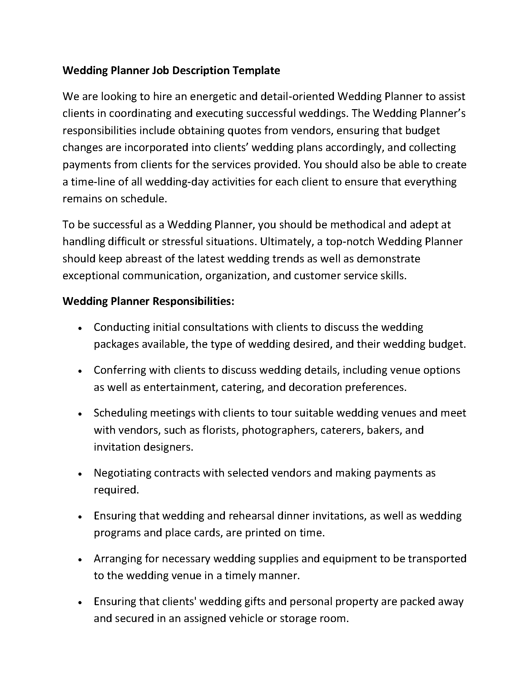 Wedding Planner Job Description Template